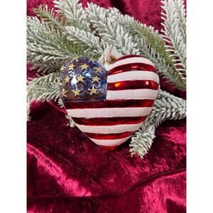 Vintage Christmas Handblown Glass Ornament American Flag Heart Radko Red Cross